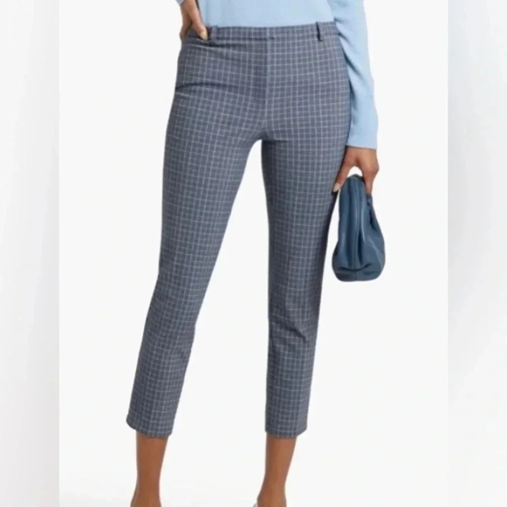 Theory Cropped Check Ponte High Rise Stretch Skinny Pant Gray/Blue Womens 4 NWOT